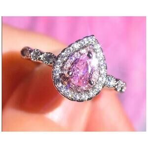 Pink Teardrop double halo ring - silver - CZs - size 9.